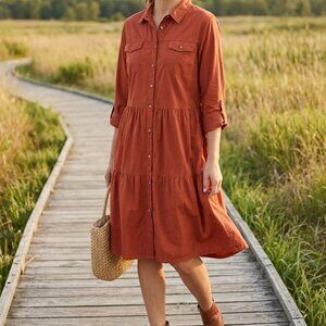 Millennium Womens Tiered Cotton Button Down  Dress XL Terracotta Boho Prairie